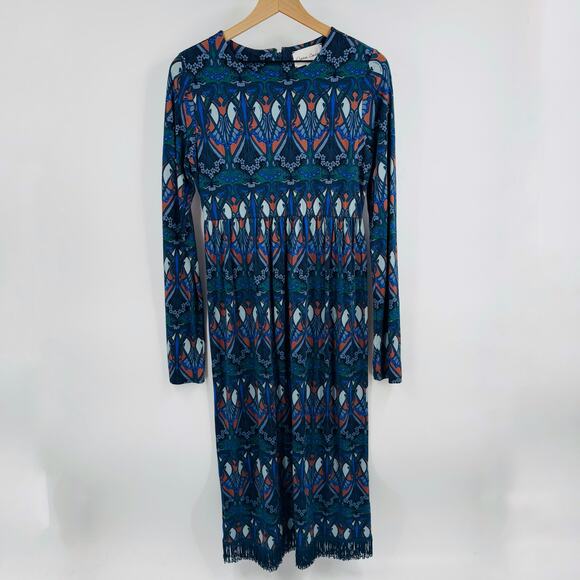Cara Cara Liza Long Sleeve Printed Midi Fringe Hem Dress Blue Green Size M - Picture 9 of 9